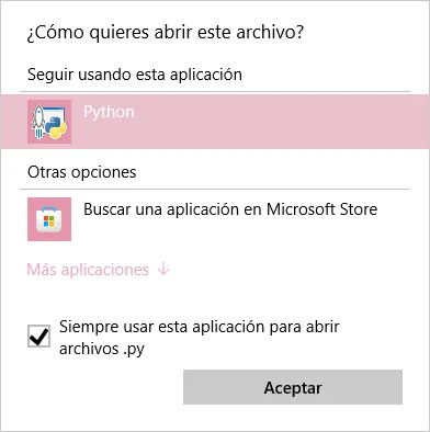 Windows preguntando cual es la aplicación predeterminada para abrir archivos .py.