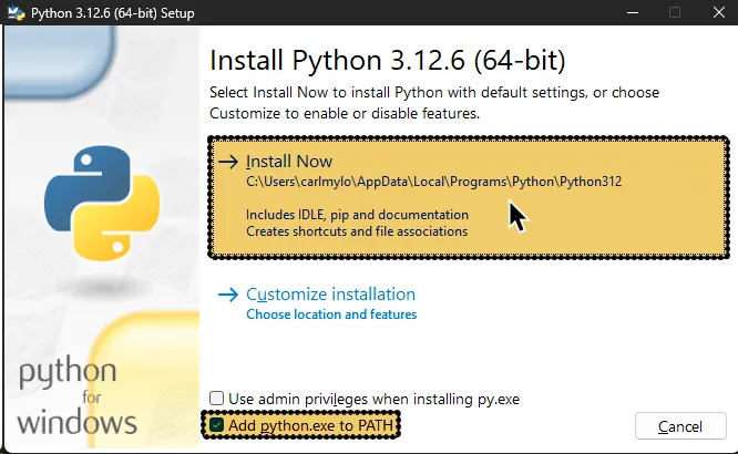 Python's installer with 'Add python.exe to PATH' and 'Install now' are highlighted in tan with a dotted black outline.