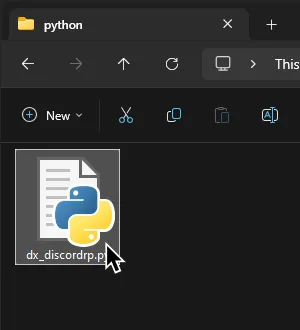 A file browser window showing the 'dx_discordrp' python script with a cursor over it.