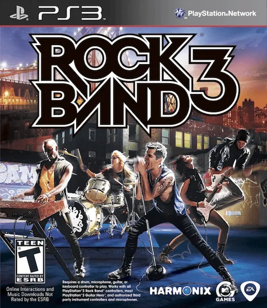 A box of a North American copy of Rock Band 3 for PS3.