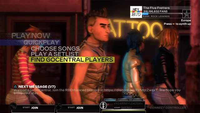 Rock Band 3 with 'Find GoCentral Players' selected.