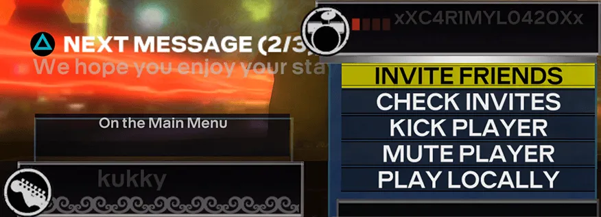 Rock Band 3 with a friend in a party, waiting on the main menu.