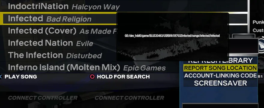 Rock Band 3 Deluxe with a song highlighted and with 'Report Song Location' being selected. A popup with the song's directory is displayed.