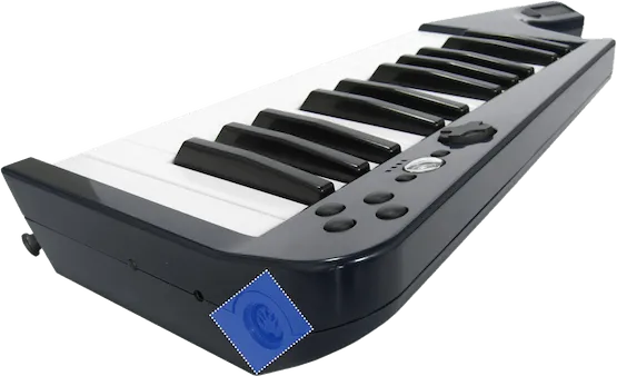 Rock Band 3's Wireless Keyboard, showing a 5-DIN MIDI input and output highlighted in blue with a dotted white outline.