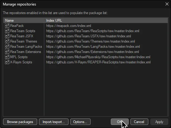 ReaPack with a browse repositories window. The cursor is over 'OK'.