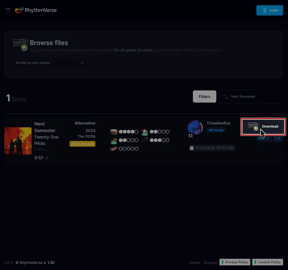 The RhythmVerse website. The cursor is over the Download button.