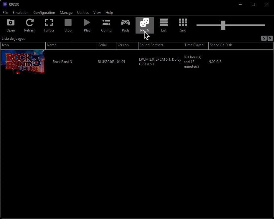 RPCS3's main screen with 'RPCN' highlighted.