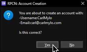 RPCS3's RPCN: Account Creation popup, asking the user if they're ready to create their account, with 'Yes' highlighted.