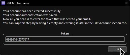 RPCS3 telling the user an account was successfully created. They are also prompted for the verification token to reset their password in the future.