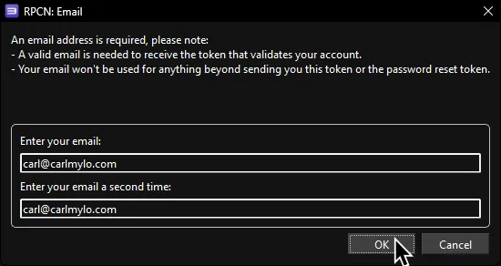 RPCS3's RPCN: Email menu with an email (twice for verification) set and 'OK' highlighted.