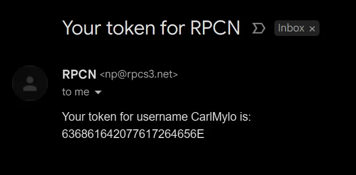 An email labeled 'Your Token for RPCN' with a token below what username it's for.