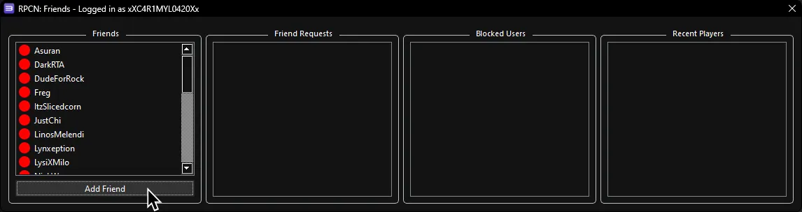 RPCN's Friends window with a cursor hovering over 'Add Friend'.