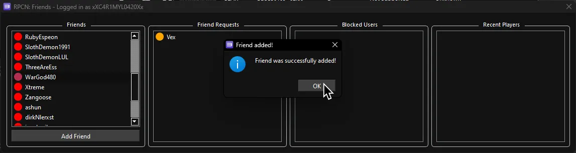 RPCN's Friends window, with the user adding someone by searching their username. Their mouse is hovering over 'OK'. The friend icon is orange.