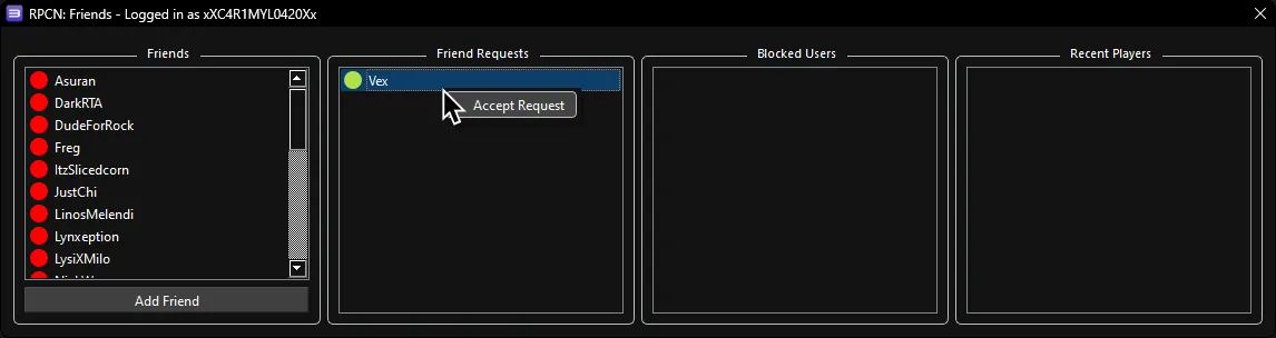 RPCN's Friends window, with the user about to accept a friend request. The icon next to the friend's name is yellow.