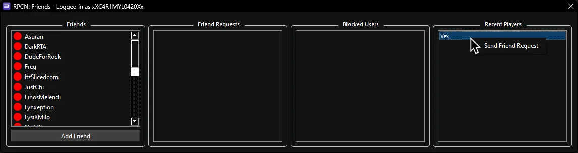 RPCN's Friends window, with the user adding a recent player.
