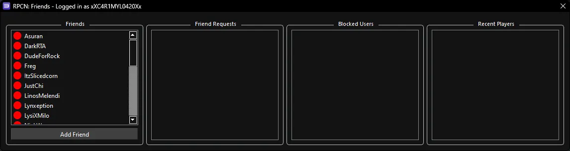 RPCN's 'Friends' window showing a list of friends.