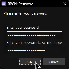 RPCS3's RPCN: Password menu with an obscured password set (twice for verification) and 'OK' highlighted.