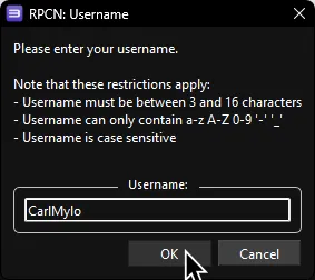 RPCS3's RPCN: Username menu with a username set and 'OK' highlighted