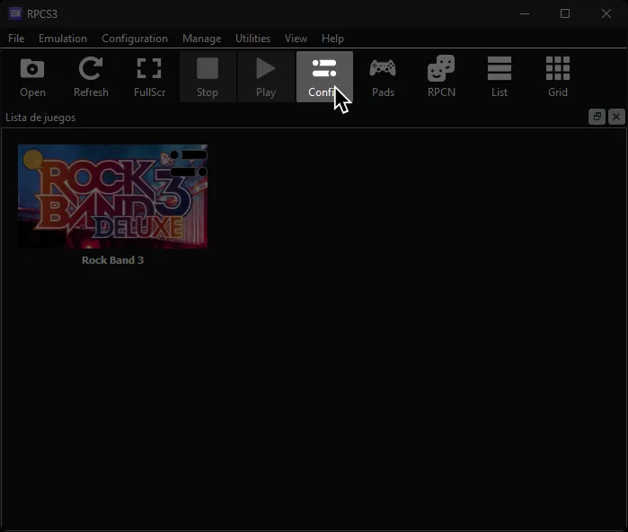 RPCS3 with the cursor hovering over 'Config'