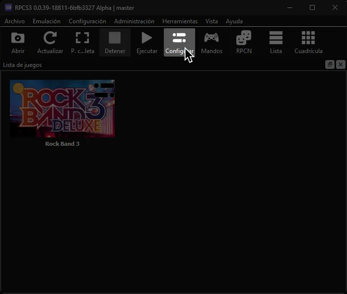 RPCS3 con el cursor sobre 'Configurar'