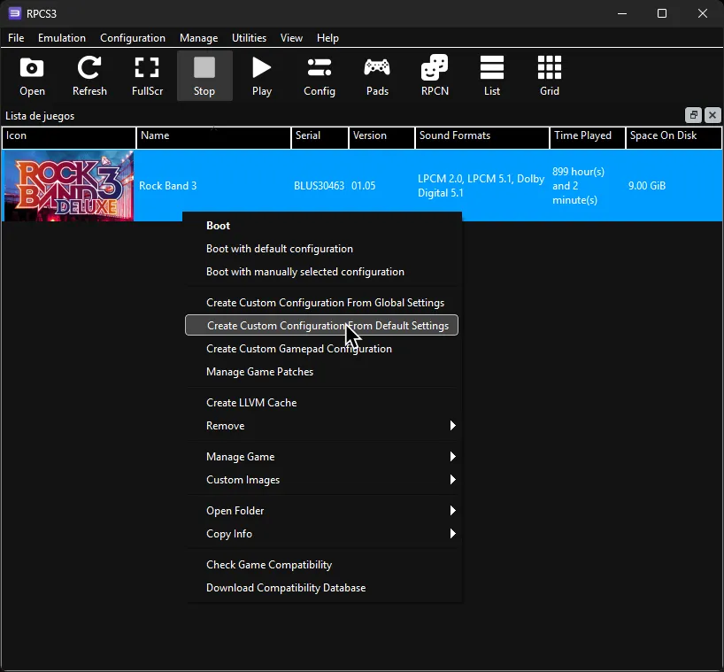 RPCS3's right click menu for Rock Band 3 showing 'Create Custom Configuration From Default Settings' highlighted.