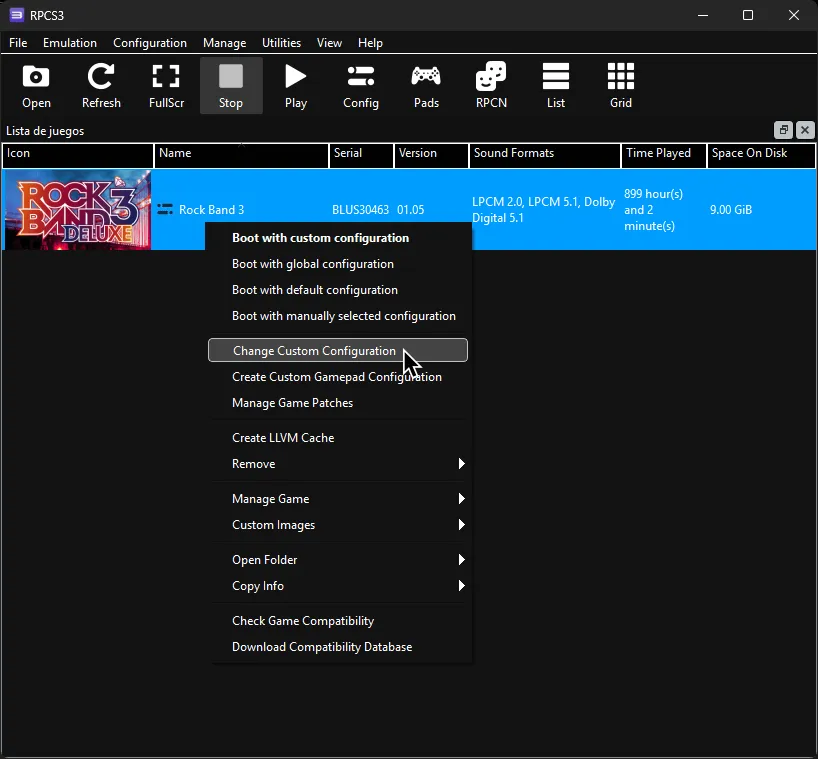 RPCS3's right click menu, showing 'Change Custom Configuration' highlighted.