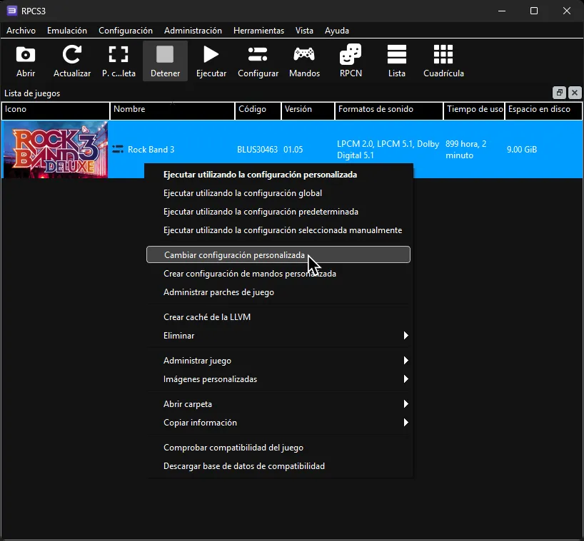 El menú de clic derecho de RPCS3, mostrando 'Change Custom Configuration' resaltado.