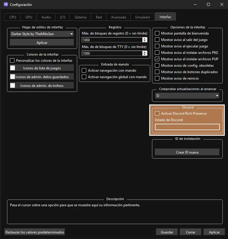 RPCS3 con la opción de 'Activar Discord Rich Presence' desactivada.