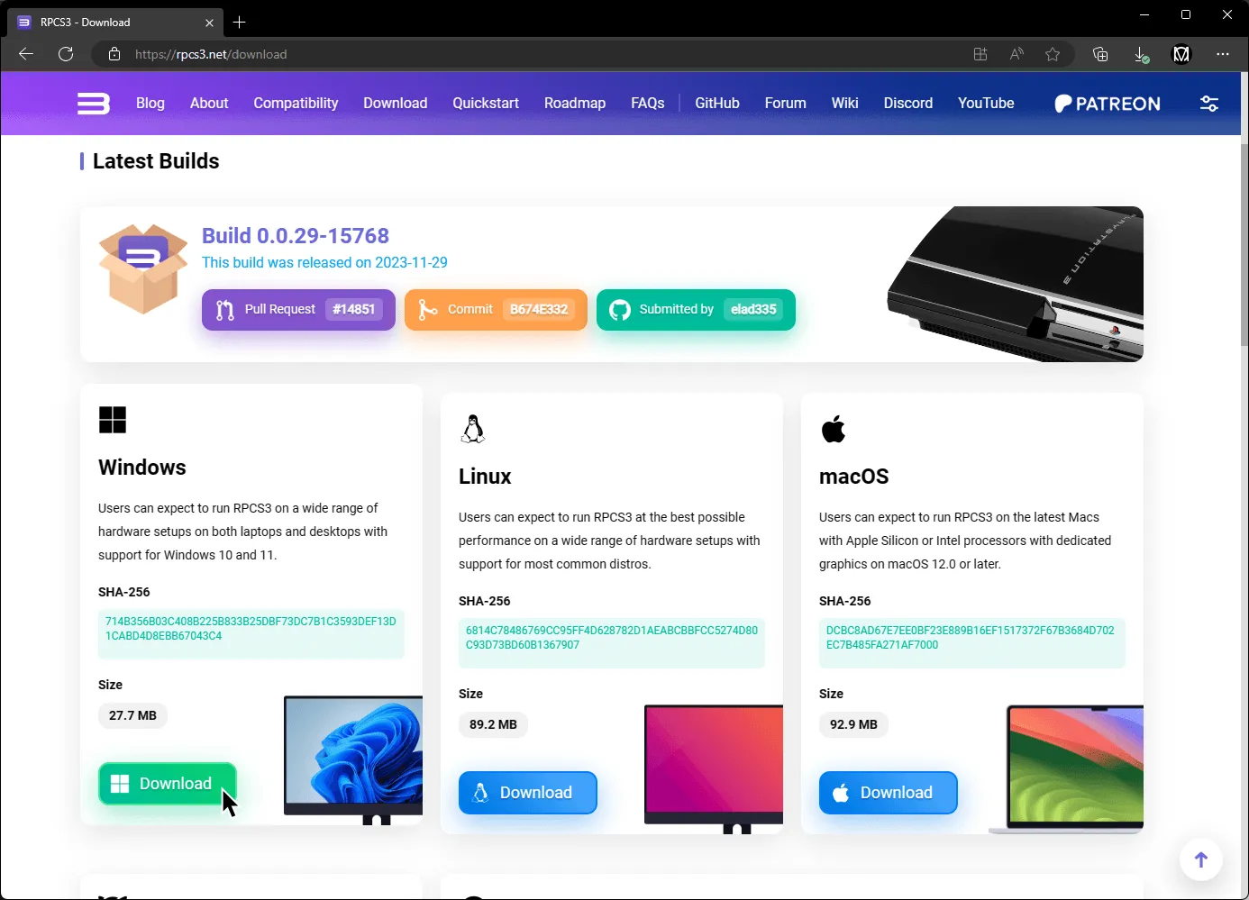 RPCS3's download website, with a cursor hovering over the download button for the Windows version.