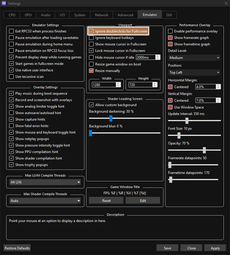Unticking 'Ignore doubleclicks for Fullscreen' under the 'Emulator' tab.