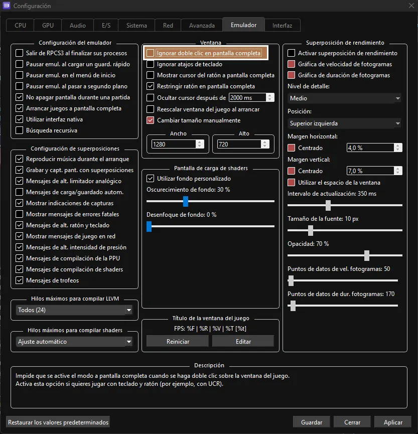 Desactivando 'Ignorar doble clic en pantalla completa' bajo la pestaña de 'Emulador'.