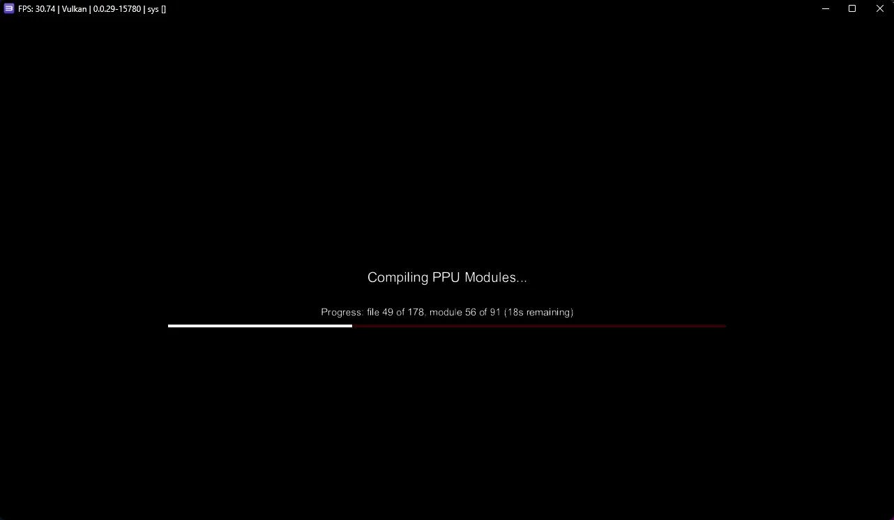 RPCS3 compiling PPU modules with a progress bar at 1/4th completion.