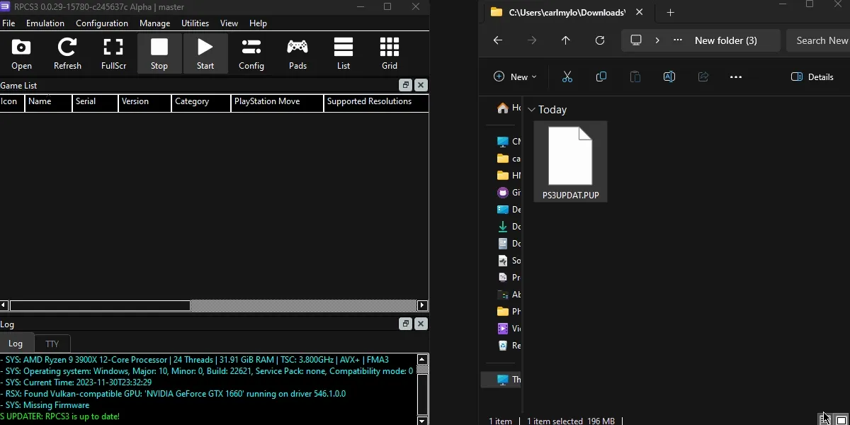 PS3UPDAT.PUP being dragged into RPCS3.