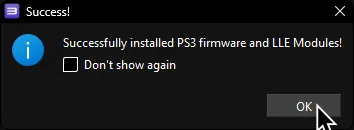 RPCS3's Firmware Installer after a successful install of PS3 firmware and LLE modules.