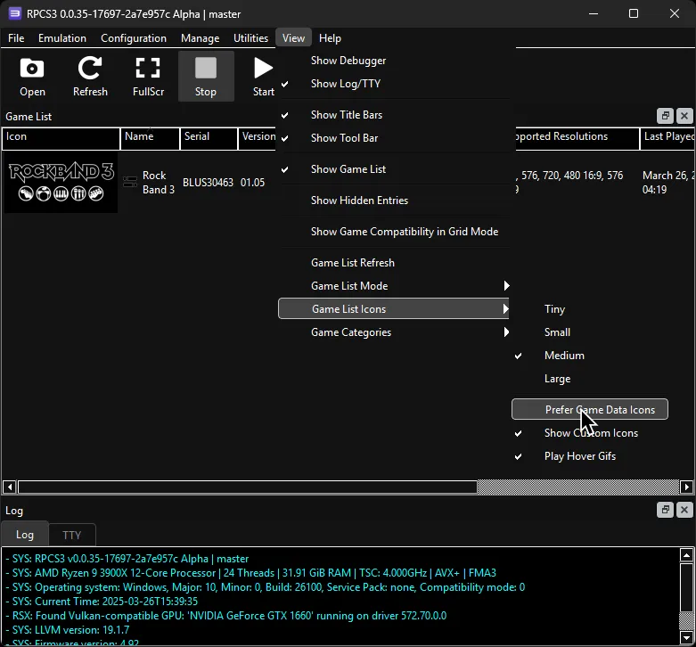RPCS3, showing a cursor over 'Prefer Game Data Icons'.