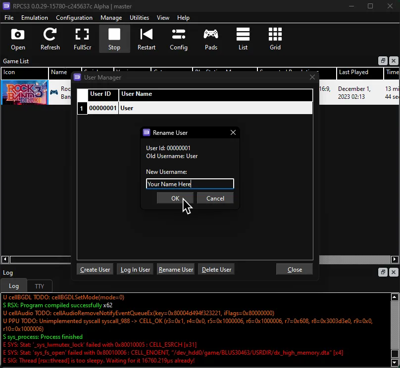 RPCS3's 'Rename User', showing the user changing the name.
