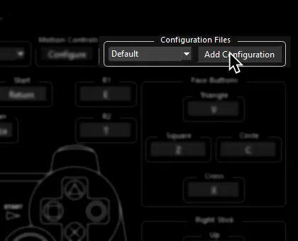 The top right of RPCS3's Pads window. 'Add Configuration' is being clicked on by the mouse cursor