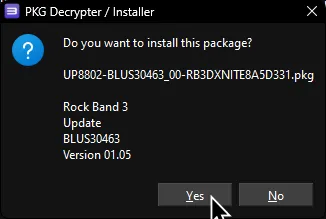 RPCS3's Decrypter/ Installer asking if the user wants to install the Rock Band 3 Deluxe package file.