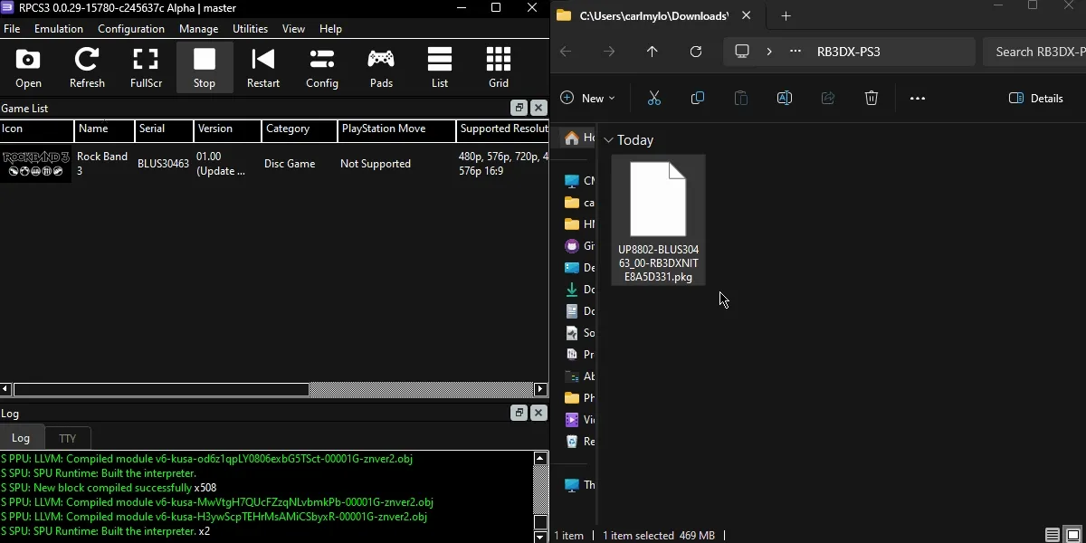 Rock Band 3 Deluxe's PKG file being dragged into RPCS3.