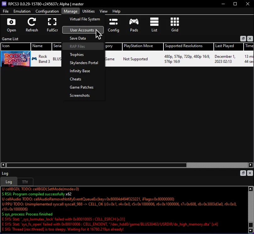 RPCS3 showing 'User Accounts' option under the 'Manage' menu.