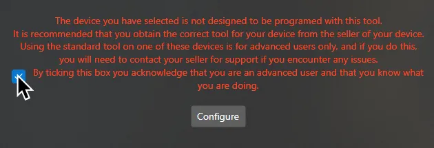 Santroller warning the user that their device is not designed to be programmed with it.