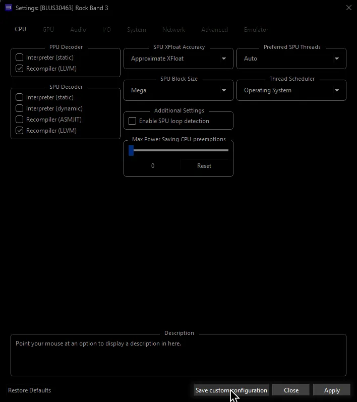 Rock Band 3's Custom Configuration within RPCS3 with a mouse hovering over 'Save custom configuration'.