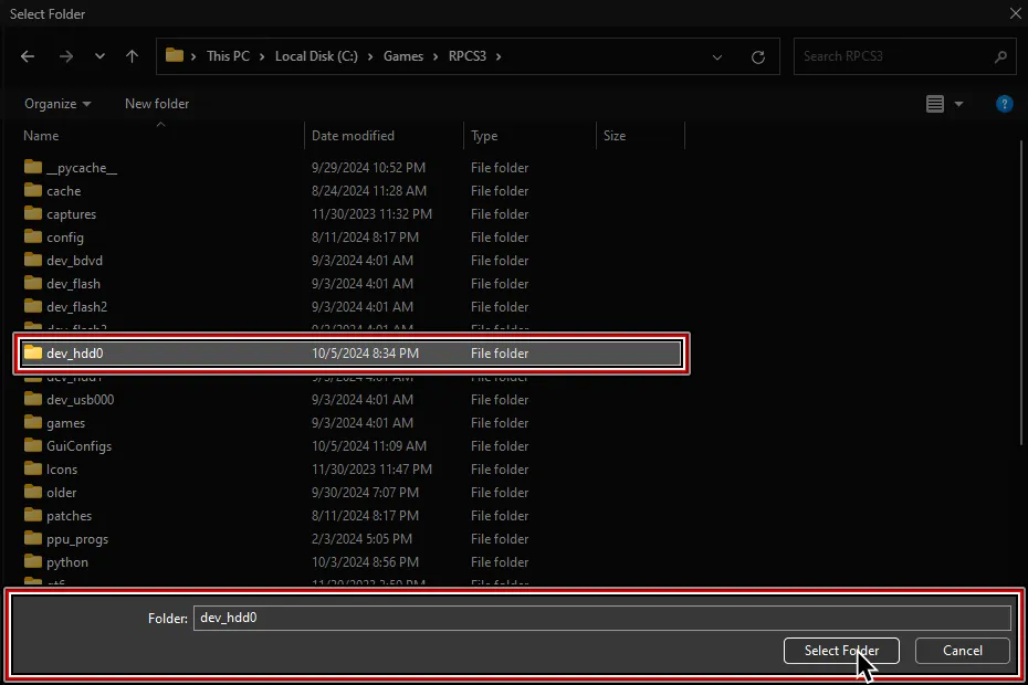 A file browser window with a location set and the cursor over 'Select Folder'.