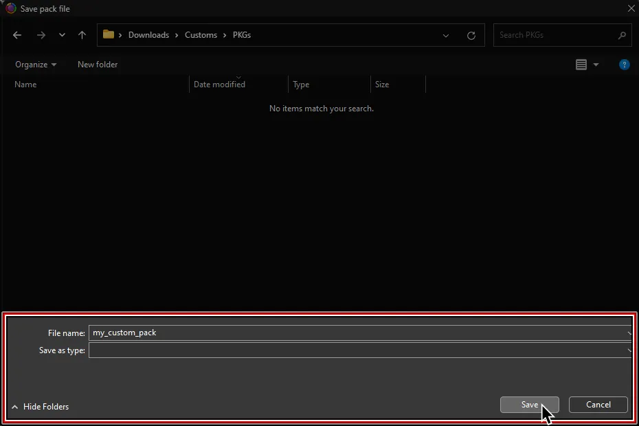 A file browser window. The file name has been set to 'my_custom_pack'.