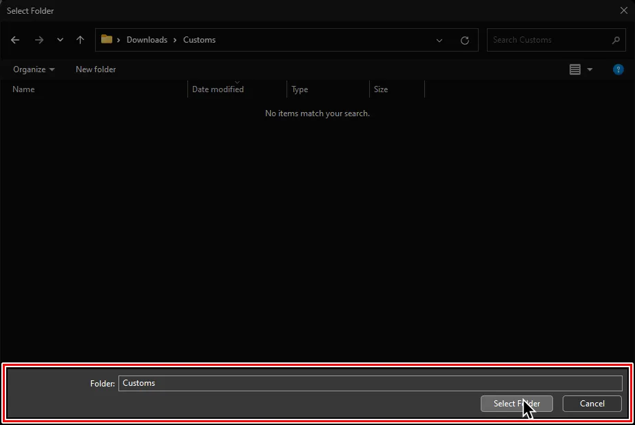 A file browser window with a location set and the cursor over 'Select Folder'.