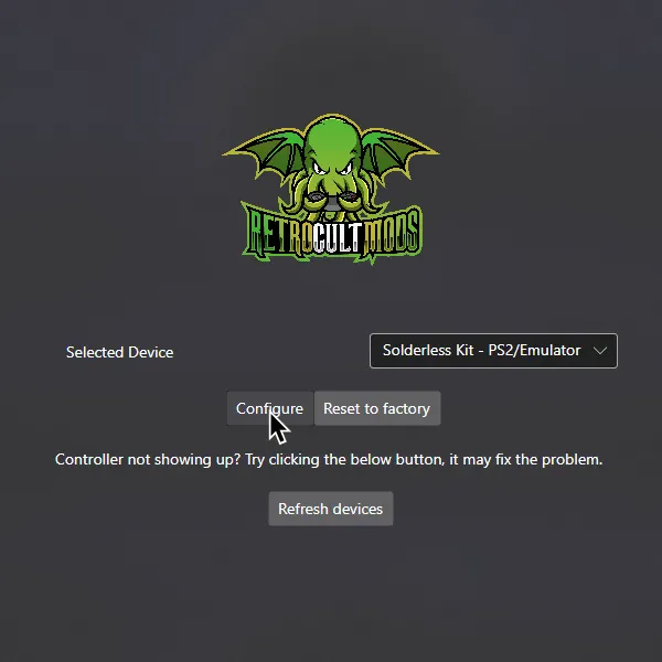 RCM Programming Tool's first screen with 'Device to program' set to 'Solderless Kit - PS2/Emulator'.