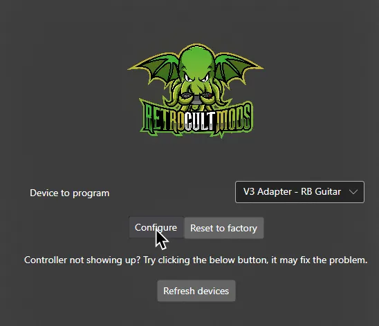 RCM Programming Tool's first screen with 'Device to program' set to 'V3 Adapter - RB Guitar'.