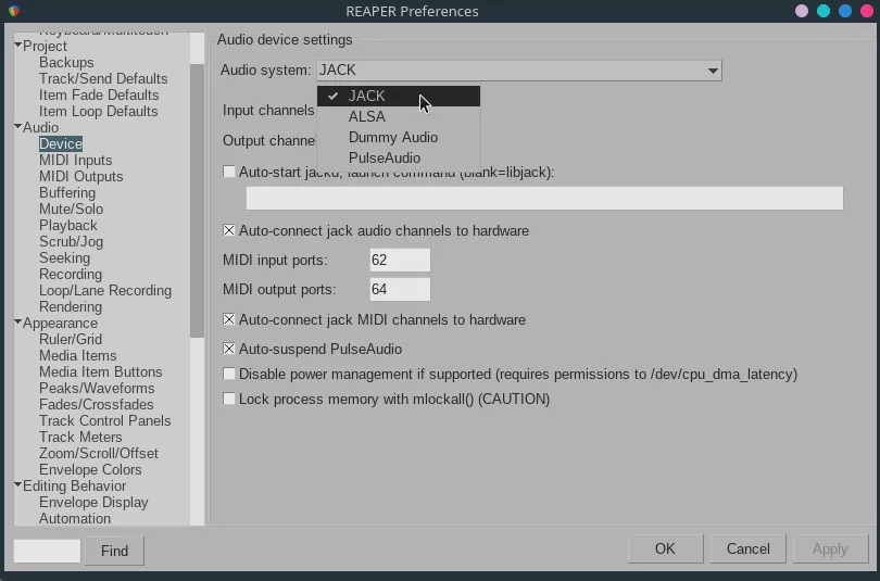REAPER's Preferences showing the Device section.