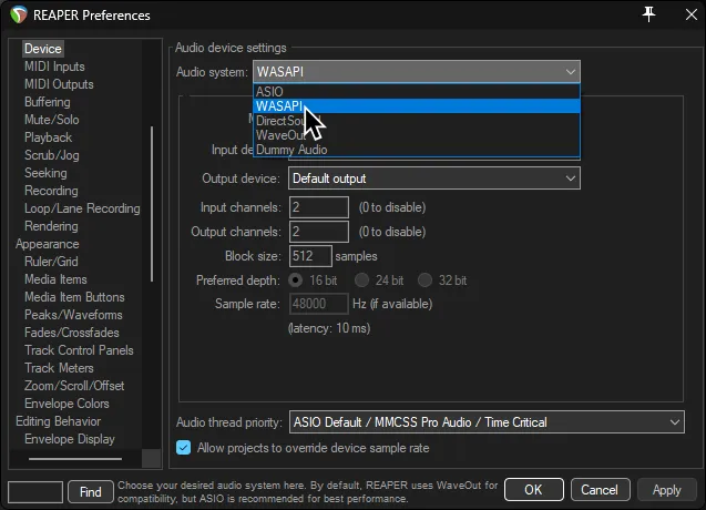 REAPER's Preferences showing the Device section.