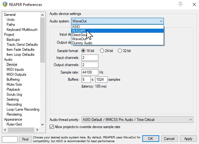 REAPER's Preferences showing the Device section.